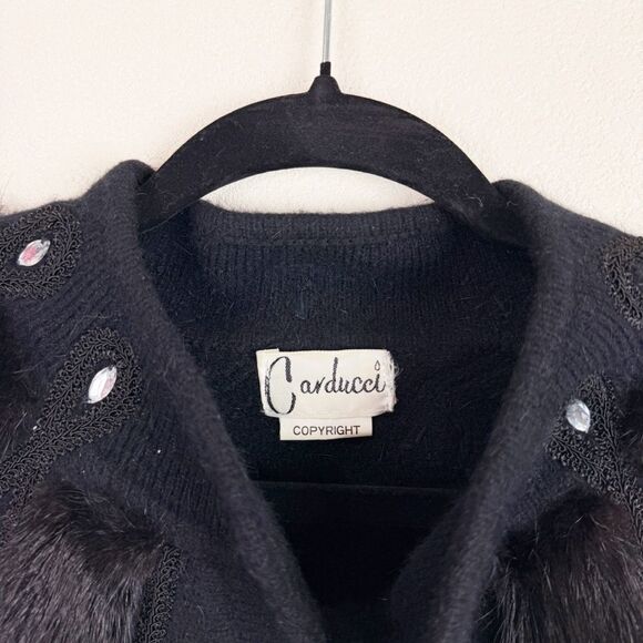 Vintage Rockabilly Retro Black Wool Fur Sweater Cardigan Beaded Size Large - Picture 6 of 9